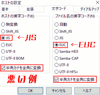 Bad example FFFTP host configuration → character code, euc, jis, two-byte conversion